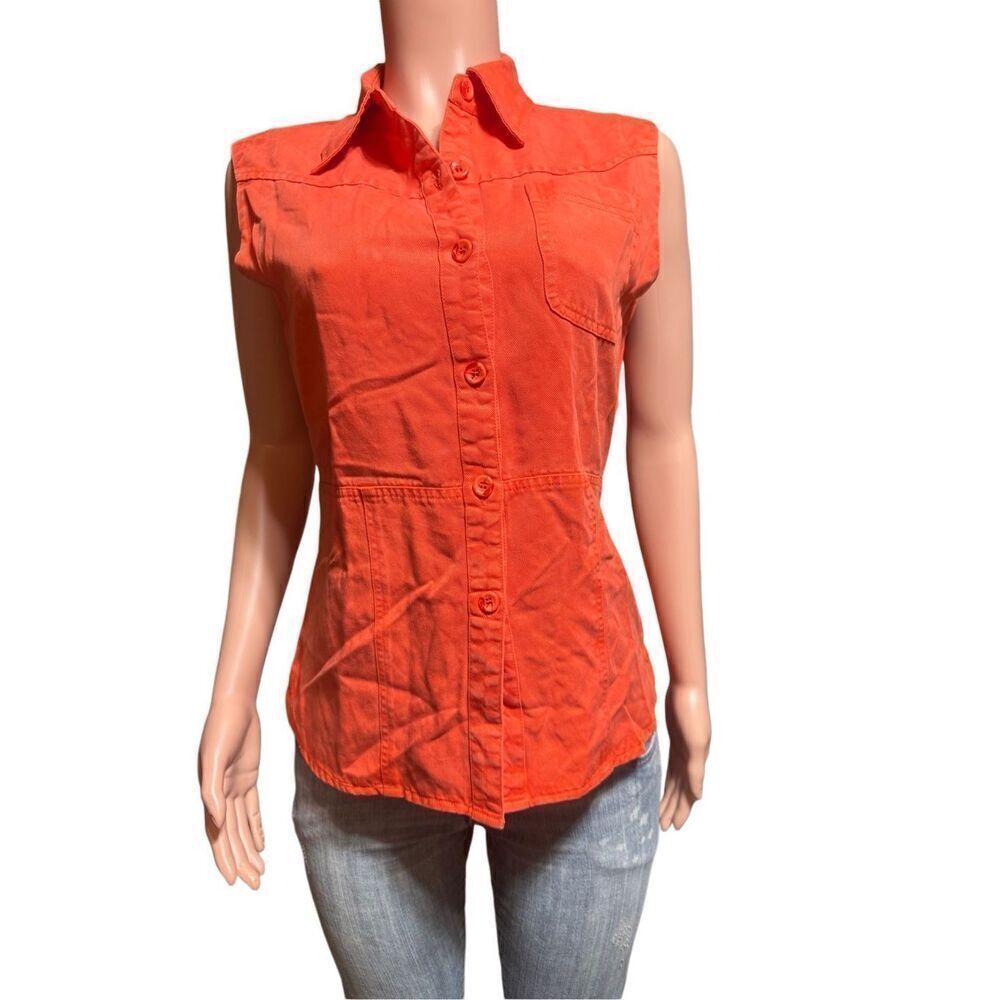 Button up tencel orange sleeveless chest pocket shirt M